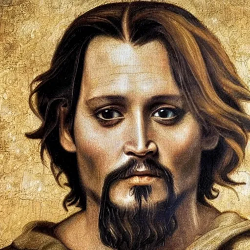 Image similar to johnny depp as jesus christ painted by michelangelo, sistine chapel