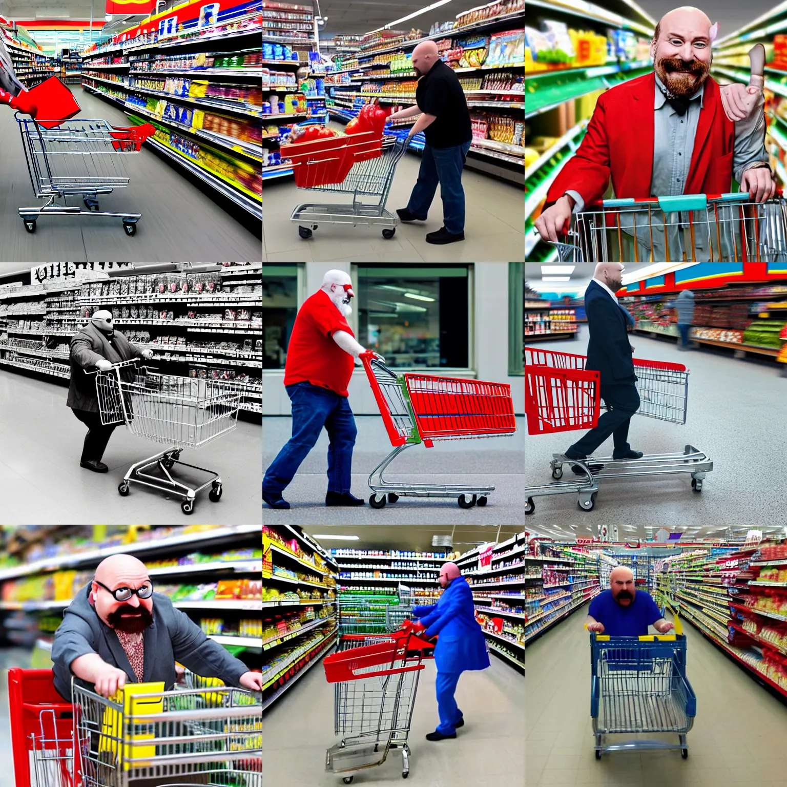 Image similar to dr. robotnik pushing a shopping cart at a supermarket