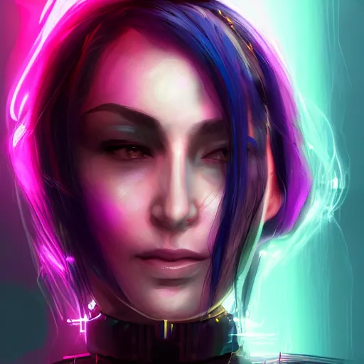 Image similar to headshot artwork of cyberpunk woman wearing thick steel choker, 4K, realistic, artstation, neon,