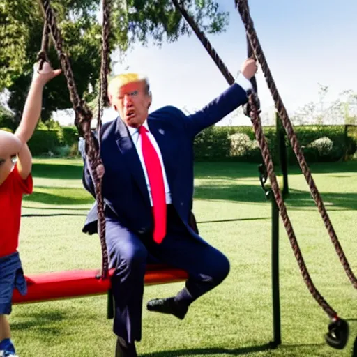 Prompt: Donald Trump pushing Jeffrey Epstein on a swing, playground full of happy children in the background, 4k