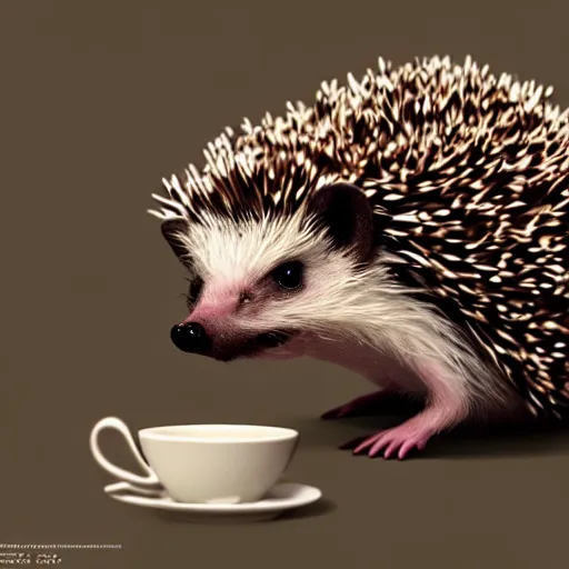 Prompt: hedgehog drinking coffee reading a paper, amazing, beautiful, perfect eyes, full body shot, portrait, vivid colors, elegant, concept art, sharp focus, digital art, Hyper-realistic, 4K, Unreal Engine, Highly Detailed, HD, Dramatic Lighting by Brom, trending on Artstation