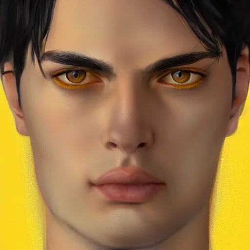 Prompt: ultra realistic illustration, a young man with black hair, in a yellow t - shirt, with blue eyes, highly detailed, digital painting, artstation, concept art, smooth, sharp focus, illustration