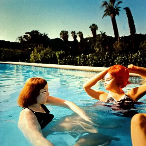 Image similar to one woman in the pool, another women under water, film camera style, la piscine 1 9 6 9 film aesthetics, 1 9 7 0 s, los angeles landscape on the background, evening,