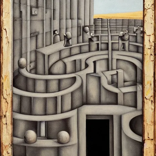 Image similar to first - person view of a stark concrete maze with people looking into portholes, grant wood, pj crook, edward hopper, oil on canvas