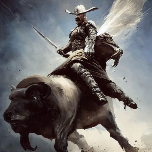 Image similar to Walter white as a dark fantasy warrior riding a bull, made by Greg Rutkowski