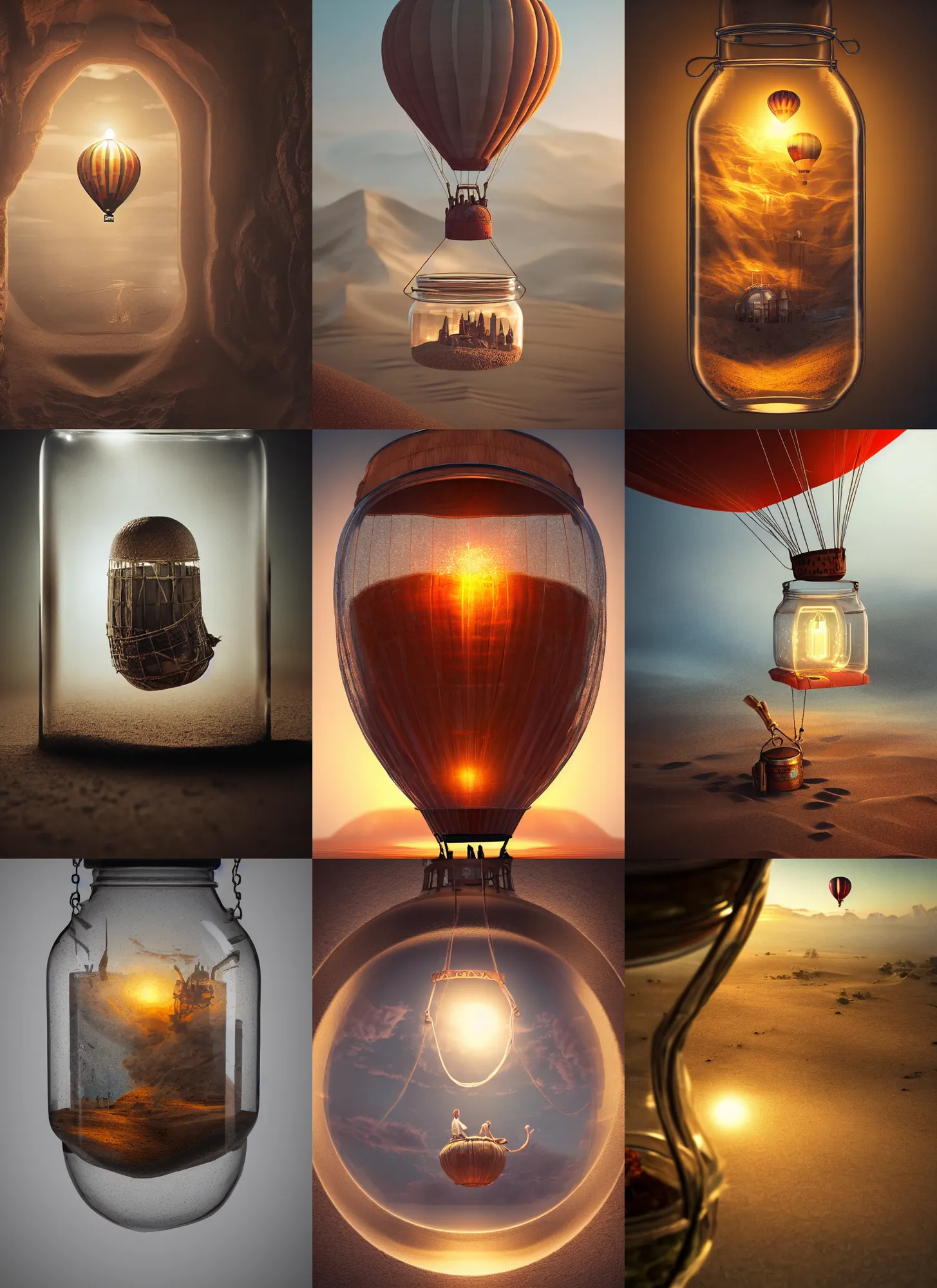 Prompt: hot air balloon inside a glass jar buried in sand, intricate detail, volumetric lighting, epic composition, hyper detailed, ultra realistic, sharp focus, octane render, ray tracing, sense of awe, swirling mist, 4 k, steampunk