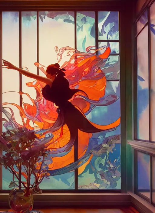 Prompt: view through window, mulan, orange, splash aura in motion, floating pieces, painted art by tsuyoshi nagano, greg rutkowski, artgerm, alphonse mucha, spike painting
