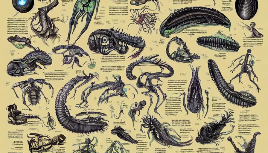 Prompt: illustrations from an alien anatomy textbook, infographics, highly detailed, intricate,