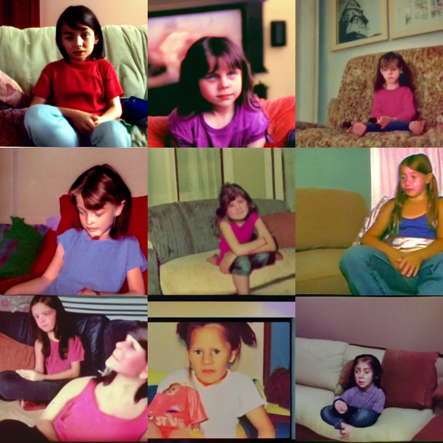 Prompt: Home video footage, A girl sitting on the sofa, Color VHS picture quality with mixed noise, Filmed by dad.
