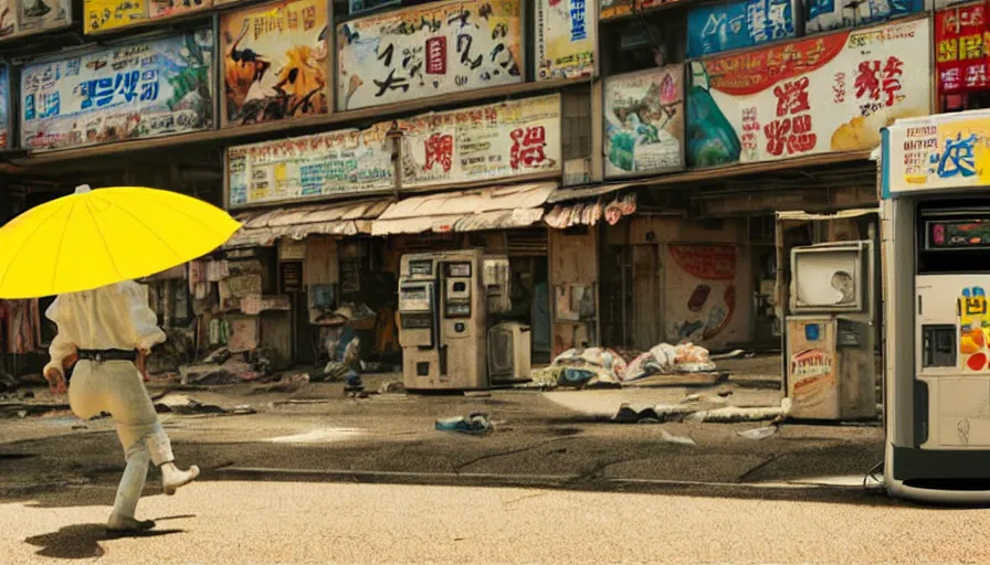 Image similar to incredible wide screenshot, ultrawide, simple watercolor, rough paper texture, anime movie scene, backlit distant shot of robot cowboy running away from the troubles of life, side view, yellow parasol in deserted dusty shinjuku junk town, broken vending machines