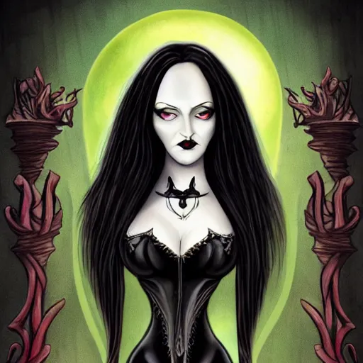 Morticia Addams tarot card, gothic art, subdued color, | Stable Diffusion