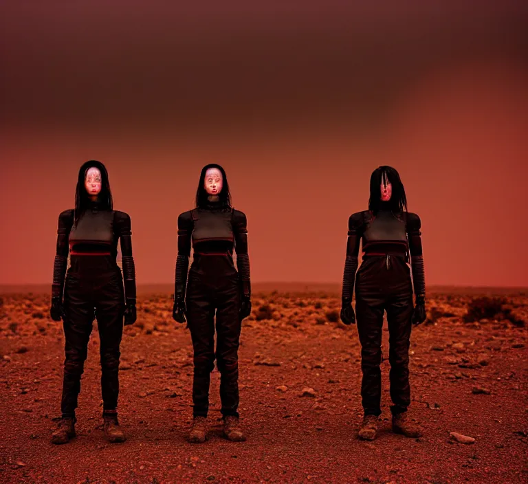 Prompt: cinestill 5 0 d 3 5 mm photographic portrait of two loving female androids wearing rugged black techwear on a desolate plain with a red sky, lizard on ground, cyberpunk style, a brutalist dark metal facility in background, dust storm, 8 k, high resolution, f / 3. 2, ultra realistic faces