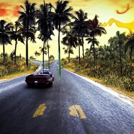 Prompt: far cry car leaking black tar chaotic intensive apocalyptic adrenaline anger oil black tar landscape wasteland miami desert landscape natural disasters sunset palm trees landscape