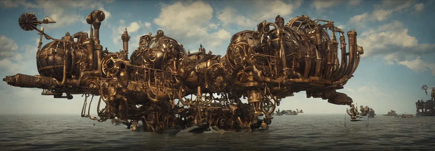 Image similar to a flying steampunk, steamboat from the 1 9 0 0 s with huge african mask on the front carrying black people across the mississippi river, bioshock infinite, detailed, behrens style, unreal 5 render, fantasy digital art, octane render, beautiful composition, trending on artstation