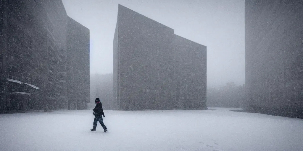 Prompt: A high resolution photograph taken with a 35mm f/12 lens of a snowy Norilks landscape with a person in the middle walking between blocks of brutalist architectural buildings.