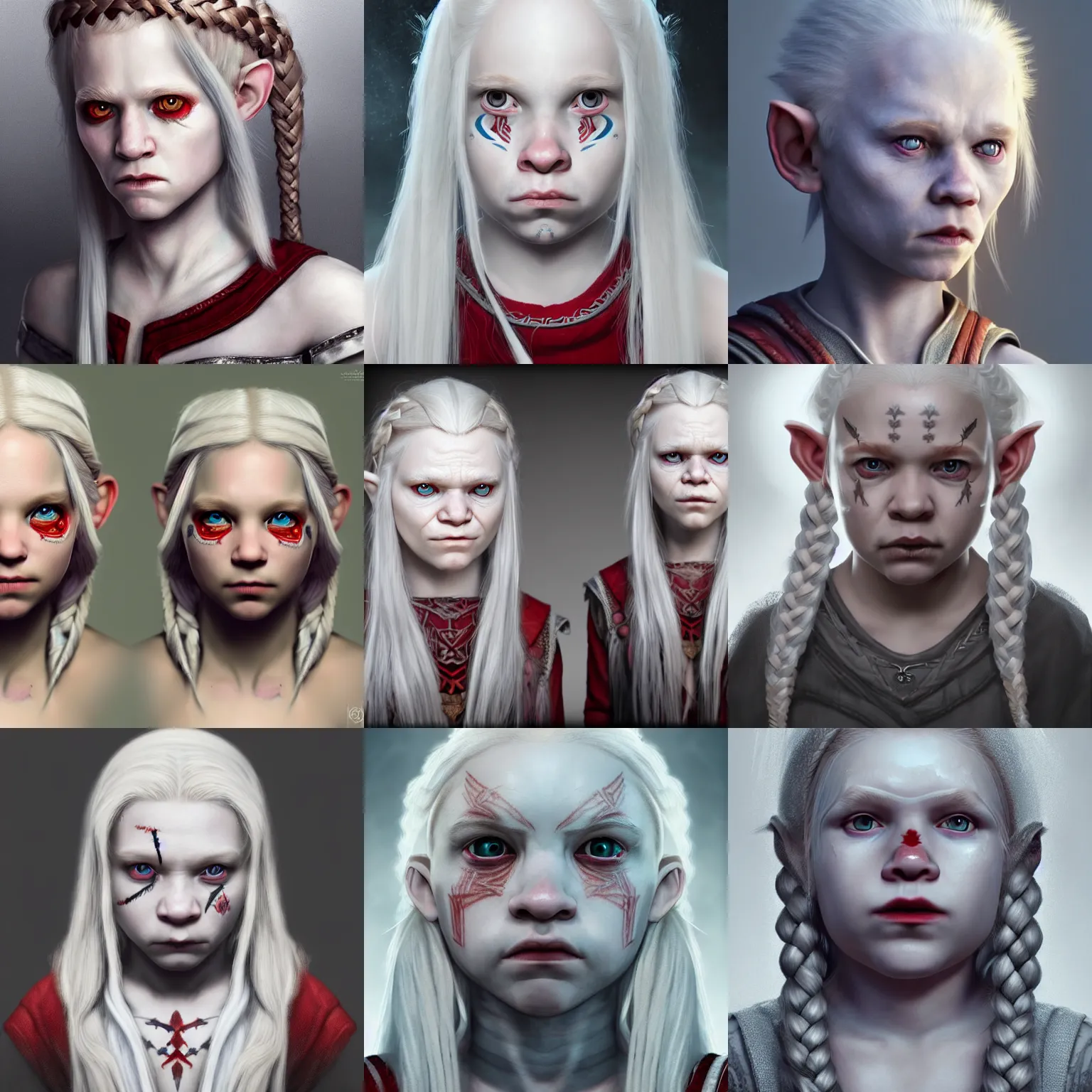 Prompt: realistic portrait of a young albino female halfling with white - braided - hair!!! and a grey cloak and geometric facial - tattoos and red - eyes, haunted sad expression, artstation, cinematic lighting, hyper - detailed 8 k