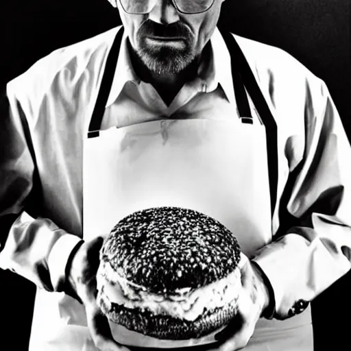 Prompt: Walter White, Heisenberg, Depicted as a large angus steakburger, food photography, body horror