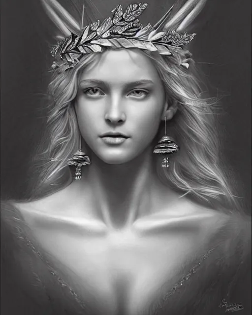 Prompt: pencil drawing of a beautiful greek goddess aphrodite wearing a greek leaf crown and arrowhead earrings, beautiful piercing eyes with sexy look, beautiful blonde hair, hyper realistic face, in the style of greg rutkowski, fantasy, amazing detail, epic, elegant, smooth, sharp focus, from the front