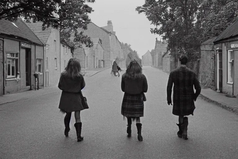 Image similar to three people walking in an empty street in a remote Scottish village on a cloudy morning during the pagan feast of the wicker man, photojournalism, 1967, photorealism, very realistic, in the style of Midsommar, 50mm lens, Kodak 5219 film