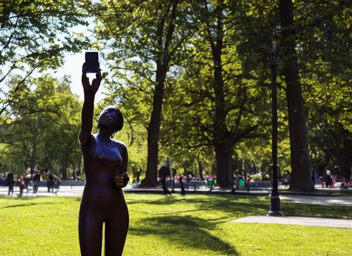 Image similar to photo still of a bronze statue of a woman using an iphone to take a selfie in a park on a bright sunny day, 8 k 8 5 mm f 1 6