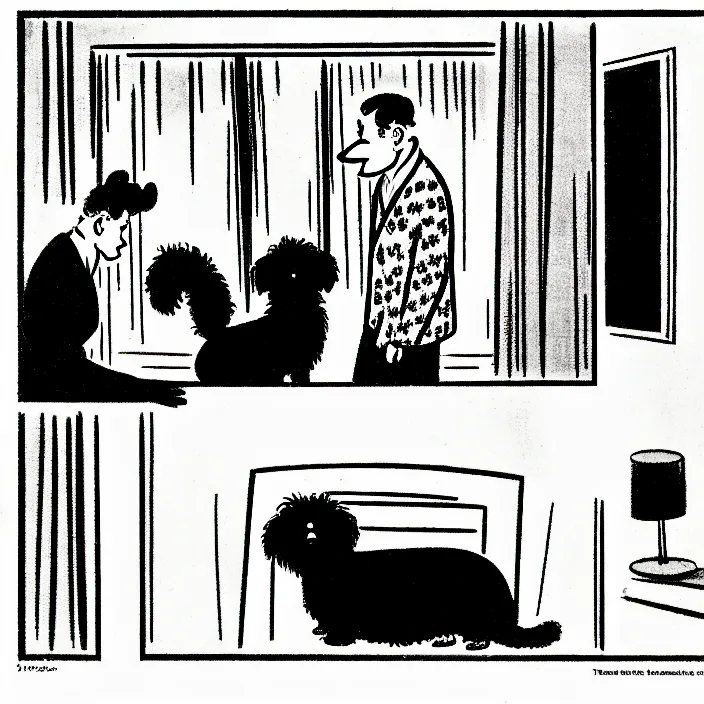 Image similar to a still frame from comic strip, two people hanging a black fluffy dog 1 9 5 0, herluf bidstrup, new yorker illustration, monochrome contrast bw, lineart, manga, tadanori yokoo, simplified,