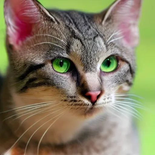 Image similar to cute greyish brown tabby cat mix with (((light green eyes))), white nose bridge, (((pink nose))), slightly weird, mixed with a margay