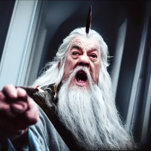 Image similar to gandalf attacks the white house, videogame still, portrait, 4 0 mm lens, shallow depth of field, close up, split lighting, cinematic