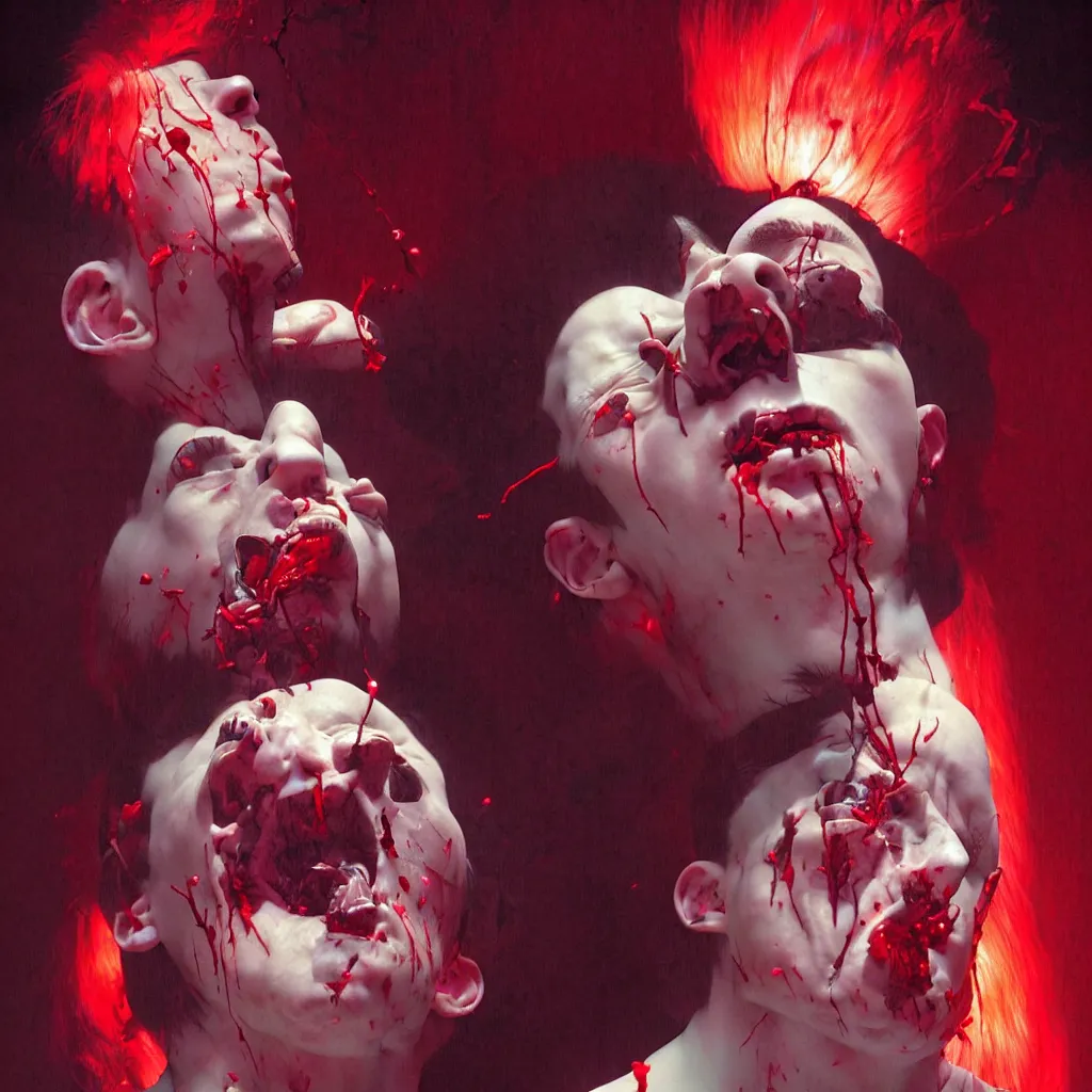 Image similar to weird and disturbing portrait of mike patton puking blood, vivid colors, death, neon, art by ( ( ( kuvshinov ilya ) ) ) and wayne barlowe and francis bacon and artgerm and wlop and william - adolphe bouguereau