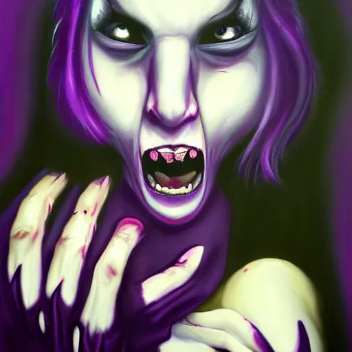 Prompt: extrem mad girl with extrem anger screams into the void to release her anger, high detail painting in dark purple colors by grandfailure