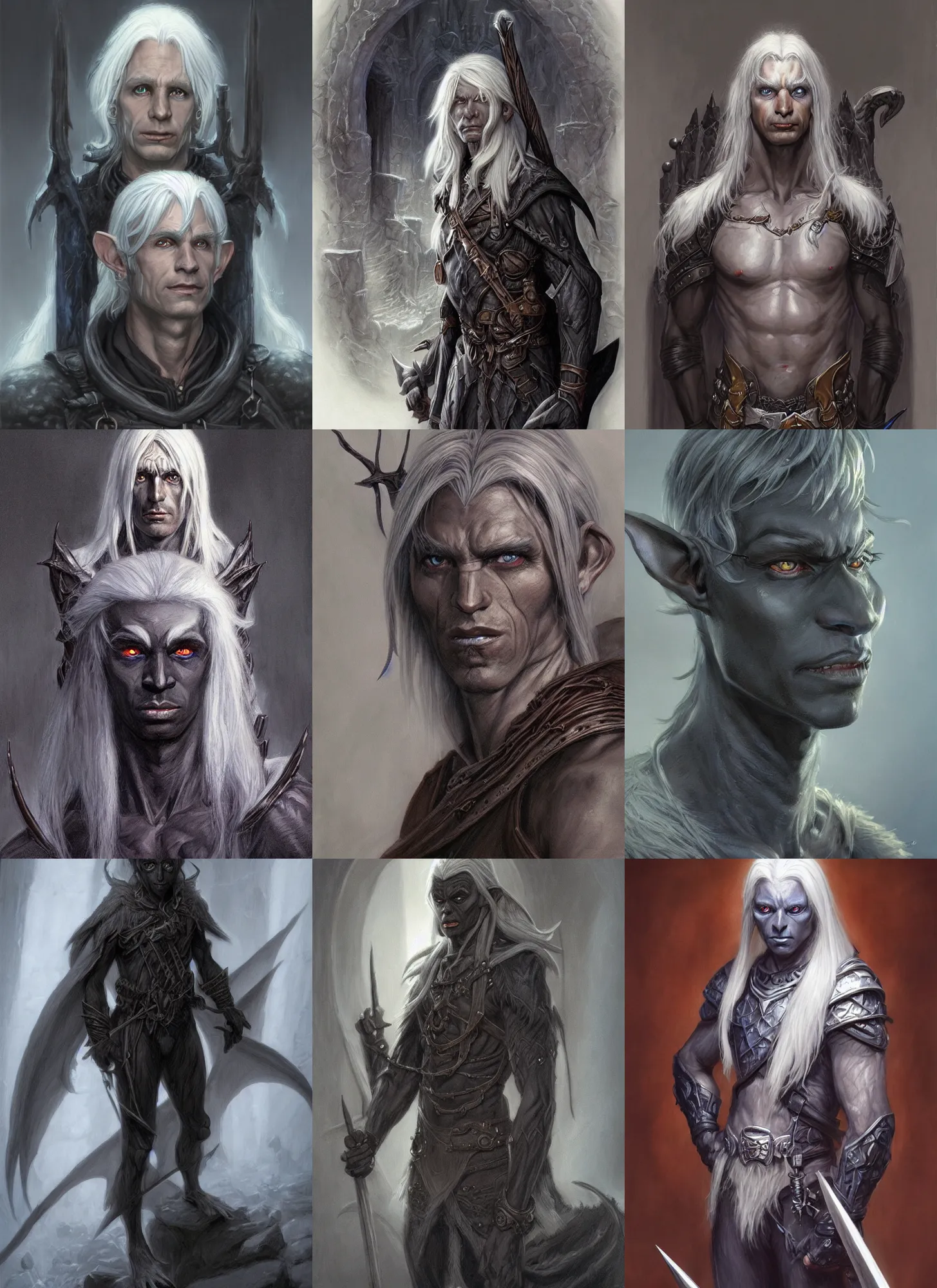 Prompt: a portrait of a dark drow elf male, medium length white hair, young adult, dark gray skin, curious, style by donato giancola, wayne reynolds, jeff easley dramatic light, high detail, cinematic lighting, artstation, dungeons and dragons