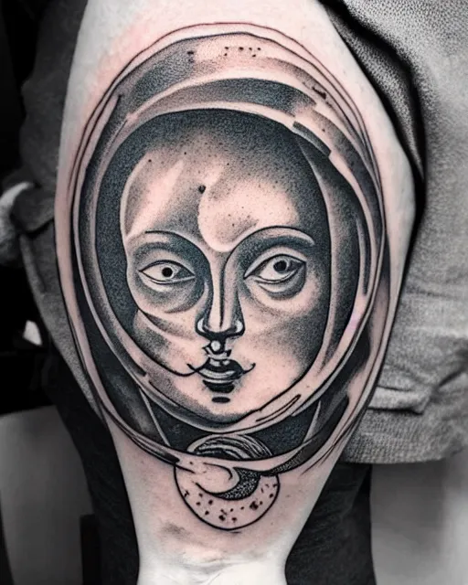 Image similar to planets on the top of a broken renaissance head statue, realism tattoo design, in the style of da ink