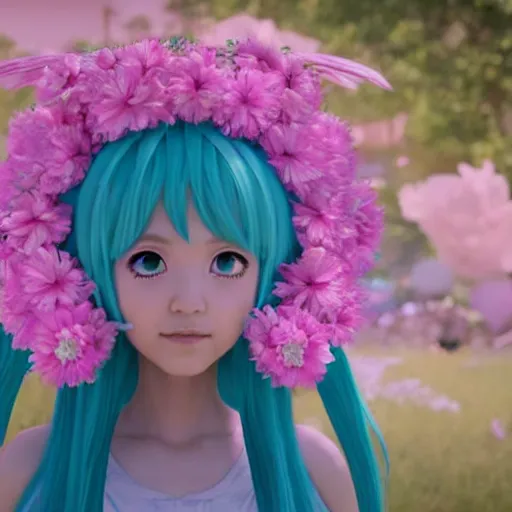 Image similar to 3 d octane render of hatsune miku wearing a large flower crown, in the movie midsommar directed by ari aster