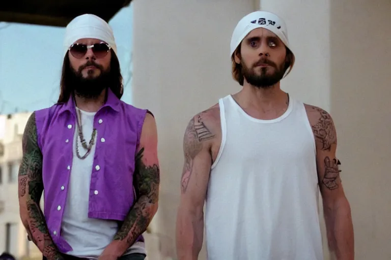 Image similar to medium full shot of jared leto as a white gang member wearing a purple head covering made from a polyester or nylon material and a white tank top sliding on a opp in the new movie directed by ice cube, movie still frame, arms covered in gang tattoo, promotional image, critically condemned, top 1 5 worst movie ever imdb list, public condemned, relentlessly detailed