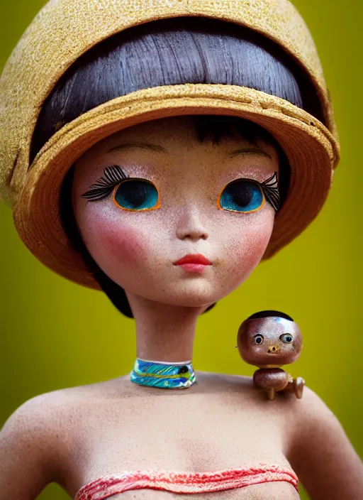 Prompt: closeup portrait of tin toy girl, rice hat, vietnam bikini, depth of field, zeiss lens, detailed, symmetrical, centered, fashion photoshoot, by nicoletta ceccoli, mark ryden, lostfish, breathtaking, 8 k resolution, extremely detailed, beautiful, establishing shot, artistic, hyperrealistic, octane render
