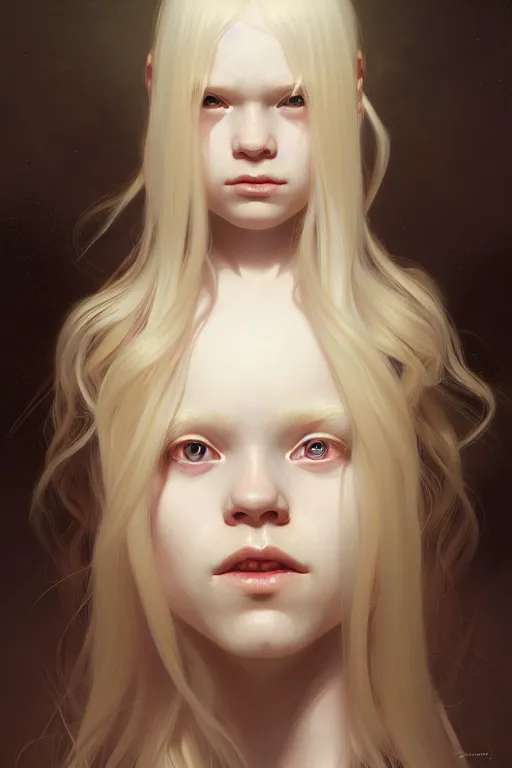 Image similar to Close-up portrait of young albino girl, long blonde hair, dark fantasy, portrait, highly detailed, digital painting, artstation, concept art, sharp focus, illustration, art by artgerm and greg rutkowski and alphonse mucha