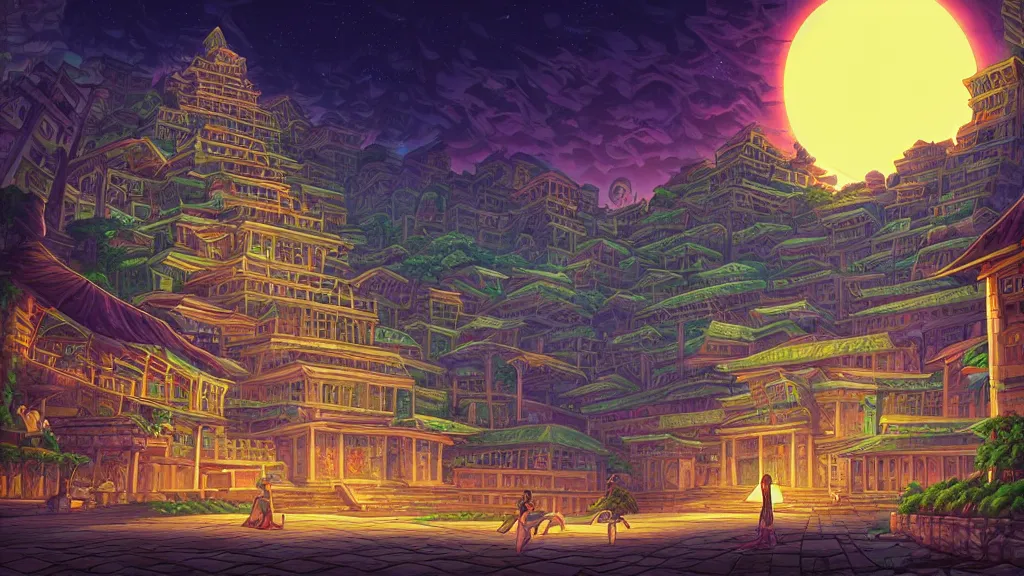 Prompt: street view of gigantic temple city at night by cyril rolando and naomi okubo and dan mumford and ricardo bofill