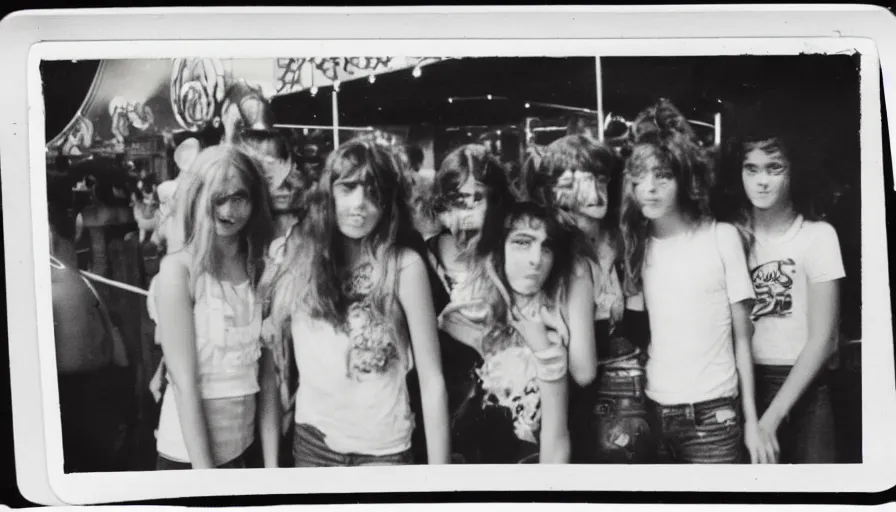 Image similar to Burnt black and white polaroid of 70s teenagers at a carnival.