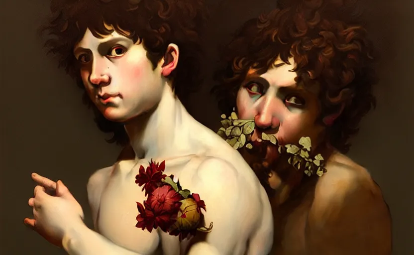 Image similar to a portrait of young sick bacchus by caravaggio, trending on artstation, volumetric lighting, atmospheric artwork, highly detailed, art by caravaggio, greg rutkowski and alphonse mucha