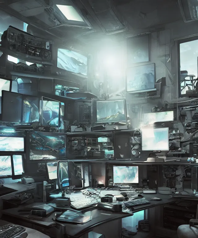 Image similar to artstation scifi scene of a complex computer workstation in a small studio apartment room, many monitors, many electronics, a window view, very detailed, maximalism, ambient occlusion, volumetric light, sun beam, atmospheric haze, unreal engine, hyper realism, realistic shading, cinematic composition, realistic render, octane render, detailed textures, photorealistic, wide shot