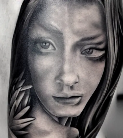 Image similar to a beautiful girl portrait in amazing nature and mountains, realism tattoo, in the style of den yakovlev, black and white, hyper realistic, highly detailed