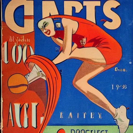 Image similar to a 1 9 2 8 cover of a french magazine. happy, healthy, beautiful, smiling, young, sporty, glowing woman in decent athletic wear. realistic detailed color drawing