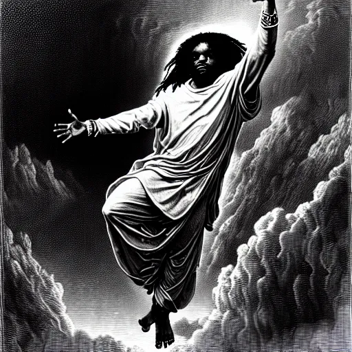 Image similar to cheef keef ascending into heaven holding double cup of lean, biblical image, style of gustave dore, highly detailed, beautiful, high contrast, black and white