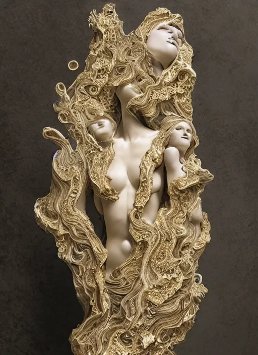 Prompt: marble sculpture of multiple beautiful women, oil slick, palladium veins, dripping, mandelbulb, hypercube, ivory carving, fractal paisley inlay, lace, intricate, elegant, highly detailed, gold inlay, metallic, ivory, artgerm, lace, by ruan jia, greg rutkowski, mucha, zbrush, nick alm