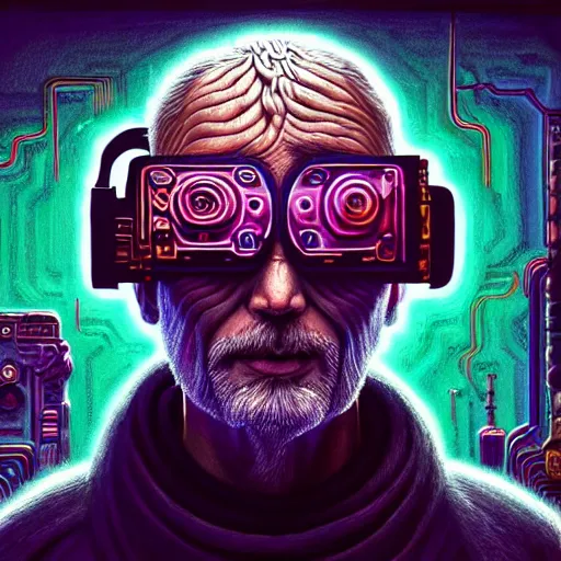 Image similar to Colour Photography of 1000 years old man with highly detailed 1000 years old face wearing higly detailed cyberpunk VR Headset designed by Josan Gonzalez Many details. . In style of Josan Gonzalez and Mike Winkelmann andgreg rutkowski and alphonse muchaand Caspar David Friedrich and Stephen Hickman and James Gurney and Hiromasa Ogura and Minecraft. Rendered in Blender