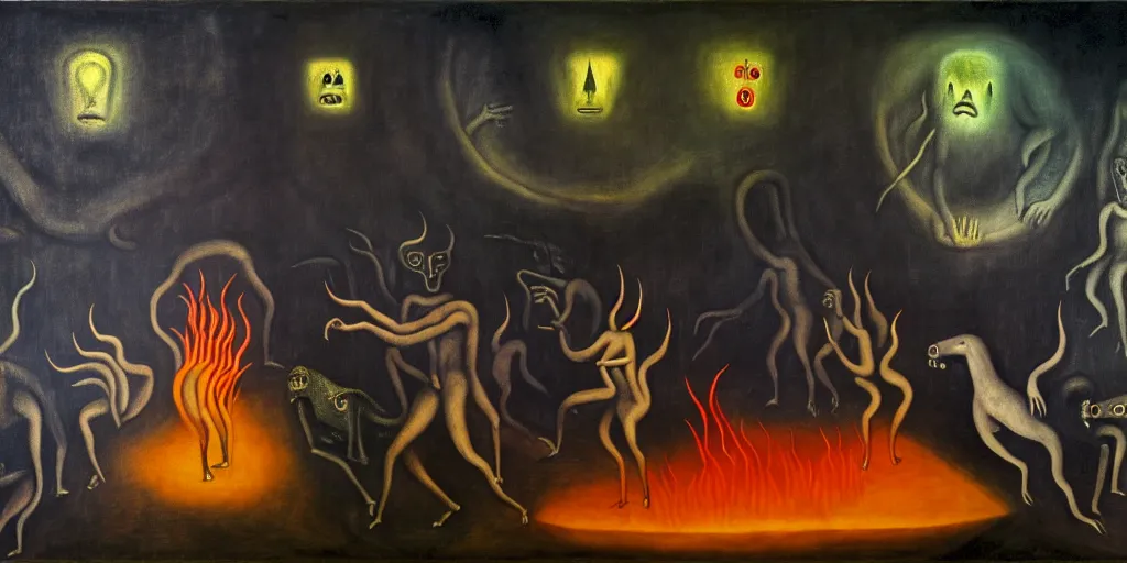 Prompt: trapped on a hedonic treadmill, dark uncanny surreal painting by leonora carrington, dramatic lighting from fire glow, mouth of hell, ixions wheel