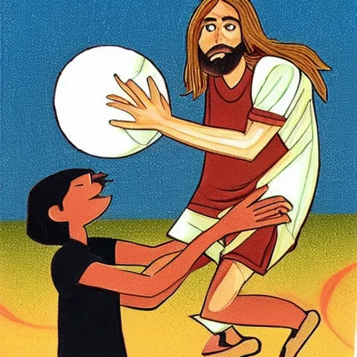 Prompt: Jesus playing basketball with Satan