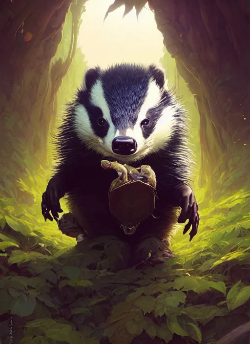 Image similar to highly detailed portrait of a cute badger, unreal engine, fantasy art by greg rutkowski, loish, rhads, ferdinand knab, makoto shinkai and lois van baarle, ilya kuvshinov, rossdraws, tom bagshaw, alphonse mucha, global illumination, radiant light, detailed and intricate environment