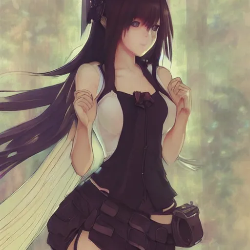 Prompt: cute anime girl bribing the district attorney. angel by krenz cushart and mucha and akihito yoshida and greg rutkowski, nier : automata inspired,