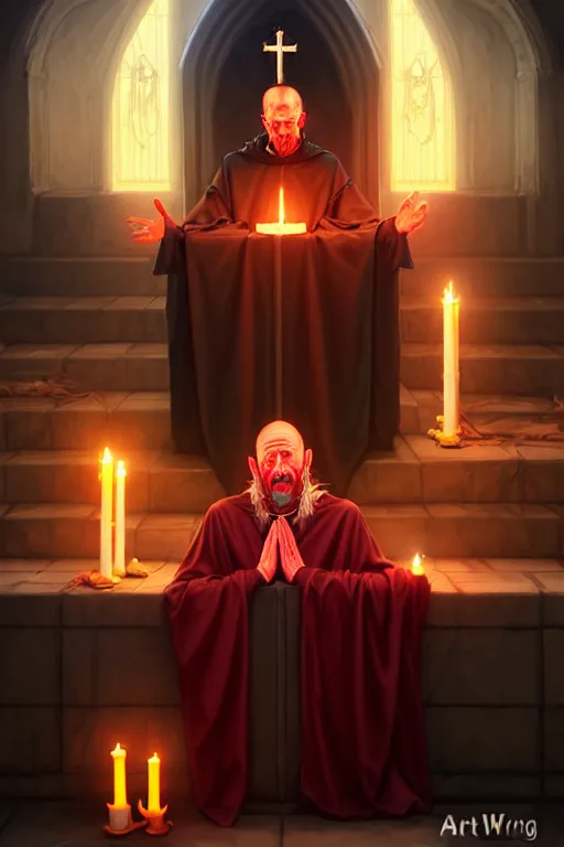 Prompt: dying rotting evil Priest at an alter giving a sermon to followers portrait by Artgerm and WLOP