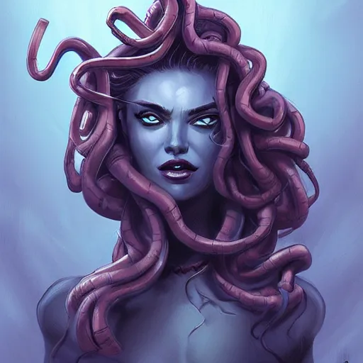 Image similar to medusa painting, comic style, seductive, dynamic lighting, artstation, detailed, blurred background